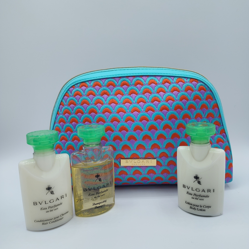 BVLGARI Green Tea Makeup Cosmetic Bag + Lotion Shampoo Conditioner Luxe GWP Set